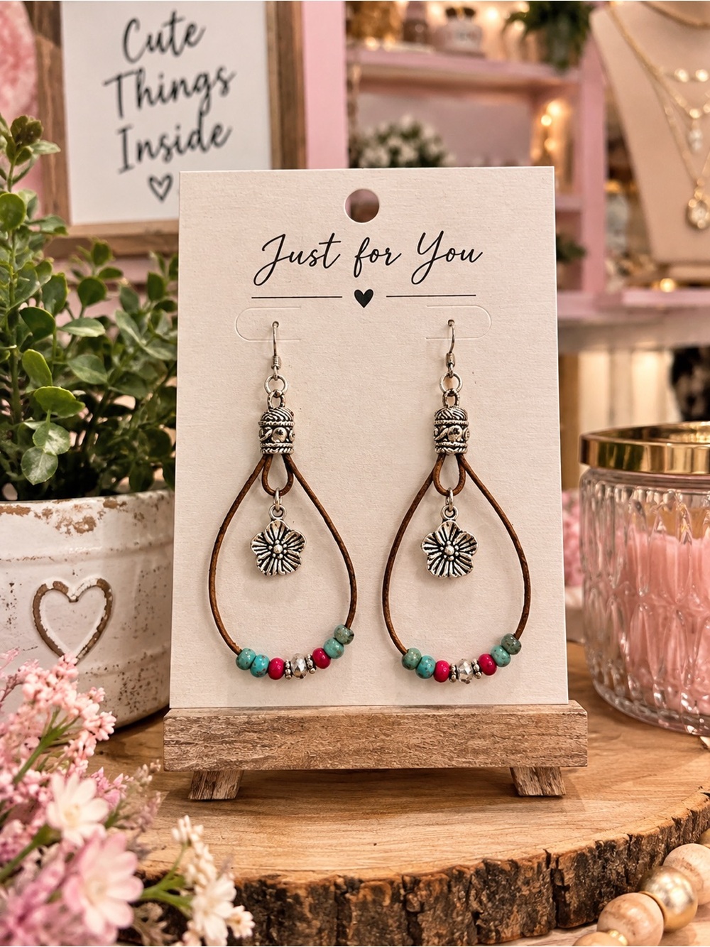 Boho Teardrop Leather Earrings with Turquoise & Res Beads